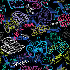 Seamless street art gaming pattern with graffiti-style text, gamepads and neon icons. Urban digital design for streetwear, gamer apparel, kids fashion, backpacks and wrapping paper.