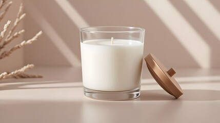 Elegant white candle in glass jar with wooden lid casting soft shadows creates a calming spa ambiance perfect for relaxation and mindfulness promotions