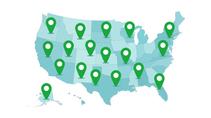 USA map with green location pins marking different states across the country.