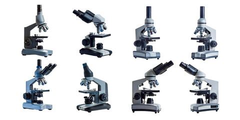 Variety of Laboratory Microscopes for Scientific Use, PNG set collection, isolated on transparent background