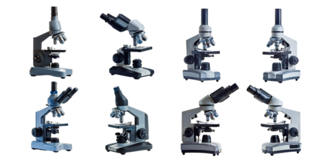 Variety of Laboratory Microscopes for Scientific Use, PNG set collection, isolated on transparent background