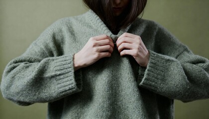Person buttoning up a soft gray woolen sweater in a close-up view