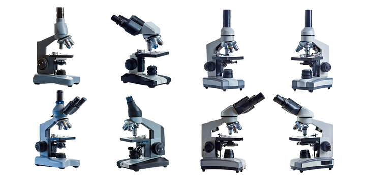 Variety of Laboratory Microscopes for Scientific Use, PNG set collection, isolated on transparent background