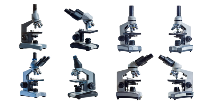 Variety of Laboratory Microscopes for Scientific Use, PNG set collection, isolated on transparent background