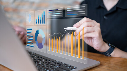 Businessman working on laptop data analysis dashboard client trend preference report chart information business strategy marketing improving sales financial management online digital platform global