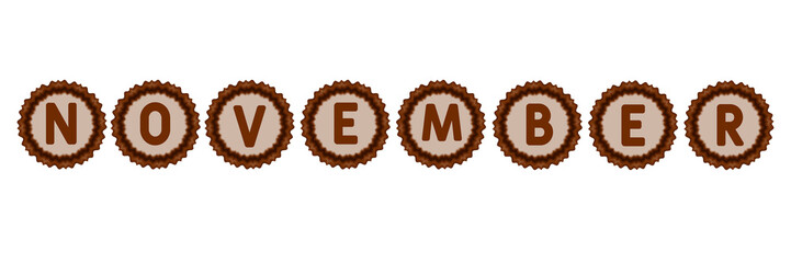 Stylish “November” text design placed inside a decorative circular badge featuring smooth coffee-brown starburst edges and a soft beige background.