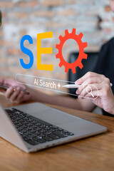 Businessman using laptop analyzing seo search engine optimization website data analysis to boost search result global research technology keyword network content online information social marketing