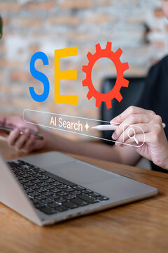 Businessman using laptop analyzing seo search engine optimization website data analysis to boost search result global research technology keyword network content online information social marketing