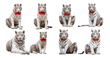 Eight Playful White Tigers in Bow Ties for Unique Stock Imagery, Bundle Set Collection, Isolated on Transparent Background