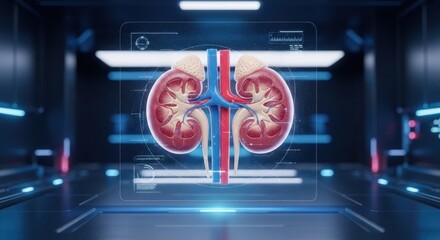 Vibrant 3D Human Kidney Cross-Section in Futuristic Blue-Lit Medical Research Environment.