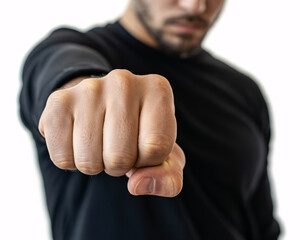 Determined man's fist punching forward with intense focus, signifying power, action, and unwavering commitment in a bold statement.