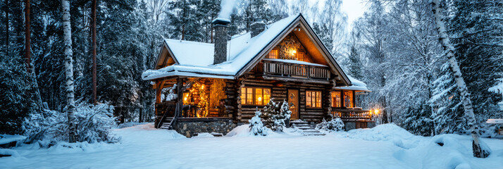 A cozy log cabin surrounded by tall evergreen trees glows with warm lights. Snow blankets the ground, creating a serene winter scene as smoke rises from the chimney, banner