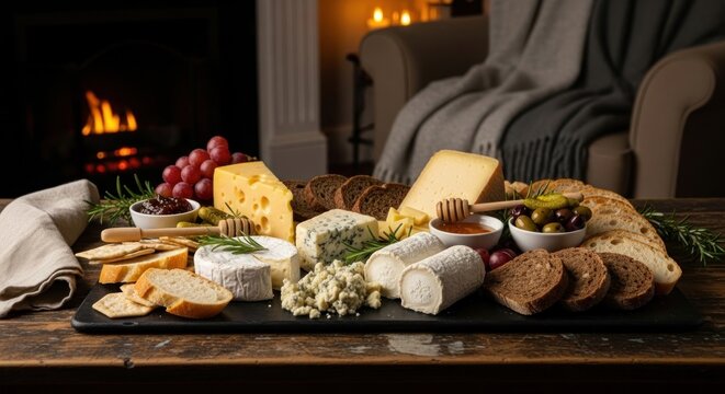 Cozy fireside cheese board with grapes, crackers, olives, and honey - Powered by Adobe