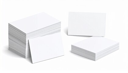 Stacks of blank white business cards, ready for printing or customization, isolated on white.