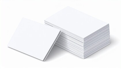 Stack of white square paper sheets, one sheet leaning against the stack, isolated on white background.