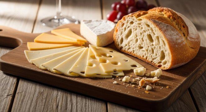 Assorted cheeses, crusty bread, red grapes, and a glass on a rustic wooden board
