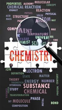 Chemistry under magnifying glass, being researched, studied and examined. Most important subjects and ideas closely related to chemistry written around a puzzle to symbolize complexity of chemistry.