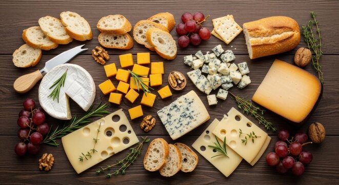Delicious gourmet cheese platter with grapes, bread, nuts, and herbs on wood, top view
