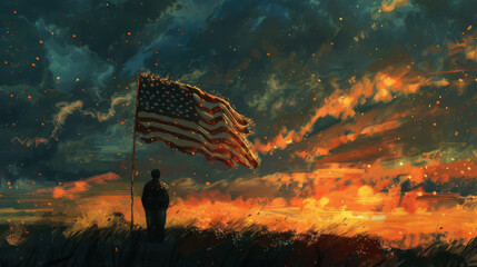 American fly at sunset or dawn in a field with a silhouette