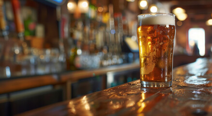 Pint of fresh beer on a wooden bar in a pub, blurry background
