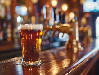 Pint of fresh beer on a wooden bar in a pub, blurry background