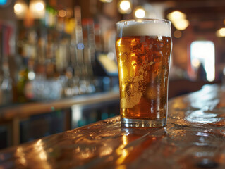 Pint of fresh beer on a wooden bar in a pub, blurry background