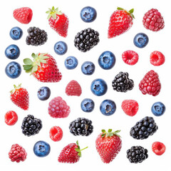 Mixed berries, top down view, isolated on white background