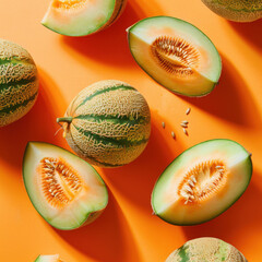 Cut melons on orange background, food lifestyle illustration