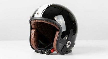 Fototapeta premium Classic black motorcycle helmet with white stripe, brown quilted interior