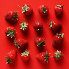  Strawberries on red background, food lifestyle illustration
