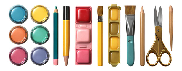 Colorful Art Supplies Isolated on Transparent Background