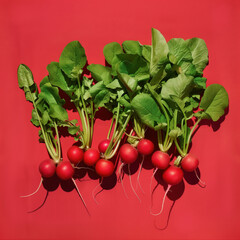  Radishes on red background, food lifestyle illustration