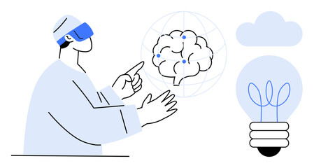 Man wearing VR headset interacting with digital brain model, cloud, and lightbulb. Ideal for technology, innovation, AI, VR, virtual learning creativity futuristic actions. Simple flat metaphor