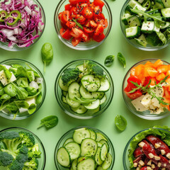 Salad bowls on green background, healthy food lifestyle illustration