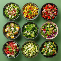  Salad bowls on green background, healthy food lifestyle illustration