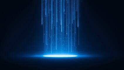 Abstract blue light beams emanating from a glowing platform in darkness