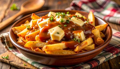 Delicious classic Canadian poutine in a rustic bowl on a wooden table, garnished with fresh chives