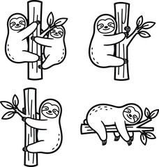 Obraz premium Sloth Outline Cartoon Vector Clipart Set: Tree Hanging, Hugging a Trunk, Sleeping on Branch, Black & White Simple Illustration, Cute Jungle Animal, Smiling Face, Tropical Wildlife, Forest Creature