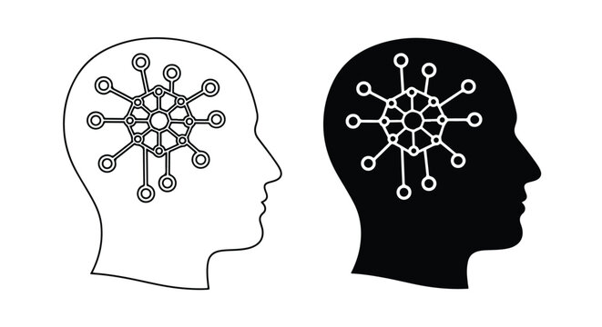 Two human heads with neural network symbolizing cognitive processes - Line and glyph icon and logo - Vector icon symbol for website - Icon vector