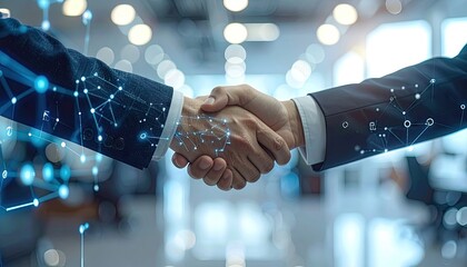 Close Up Handshake with Digital Overlay in Corporate Setting with Bokeh Background, Business Agreement and Partnership, Futuristic Elements, Focus on Hands