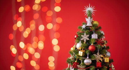 Obraz premium Beautiful Christmas Tree with Red and Gold Decorations on Red Bokeh Background