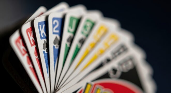 Fan of colorful cards with numbers and symbols spread on dark background