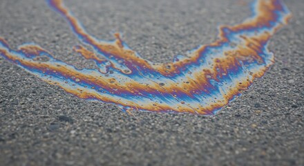 Obraz premium Iridescent oil spill on gray asphalt colorful hues of blue orange yellow