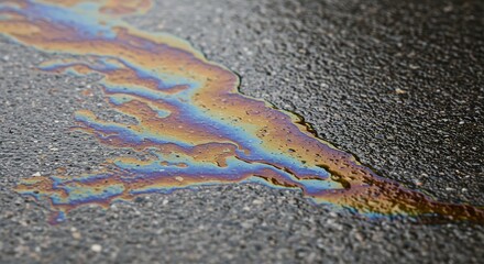Obraz premium Iridescent oil spill on wet asphalt showing a rainbow of colors