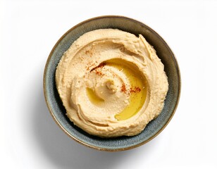 sample of delicious hummus isolated on white top viw