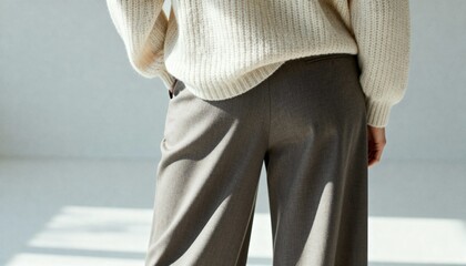Person wearing loose gray pants and cream knitted sweater standing indoors