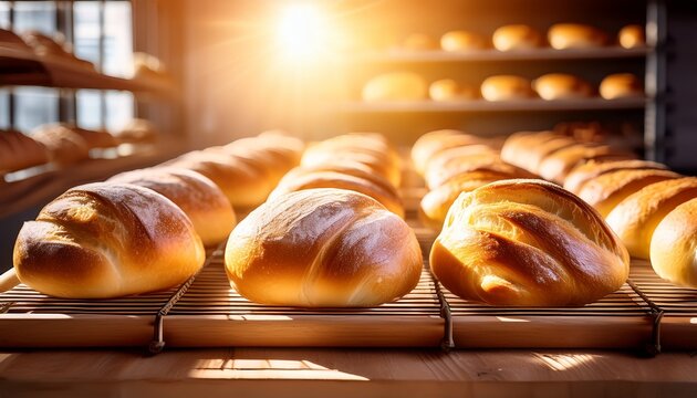 fresh buns cool on a wooden rack in a bakery sunlight streaming in perfect for baking food and culinary concepts