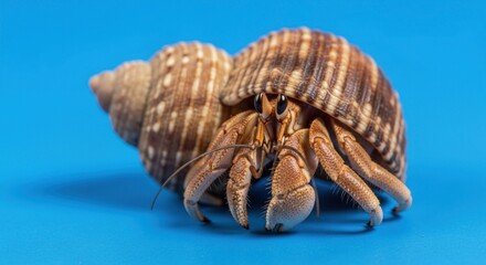 Hermit crab with striped shell on bright blue background