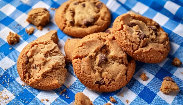 scattered cookies on a blue and white checkered tablecloth with crumbs adding a playful touch to the dessert scene simple pleasures