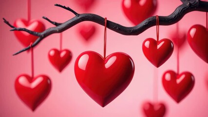 Red heart ornaments hanging from a dark branch on pink background, glossy shapes, valentine romance, love celebration, festive decor, tender emotion, soft focus bokeh, holiday card design - Powered by Adobe